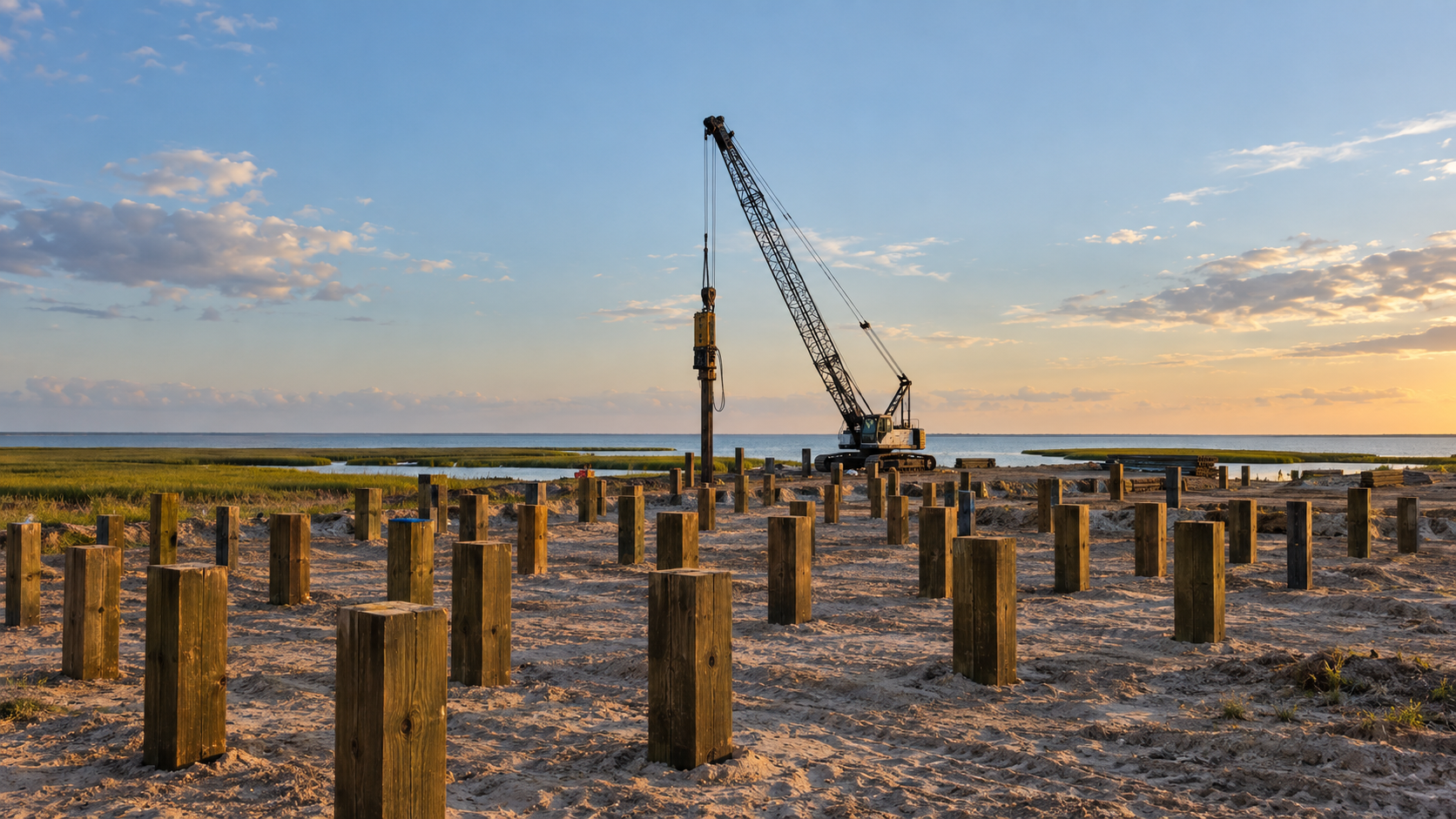 Square timber piles driven on a coastal Gulf building lot at golden hour